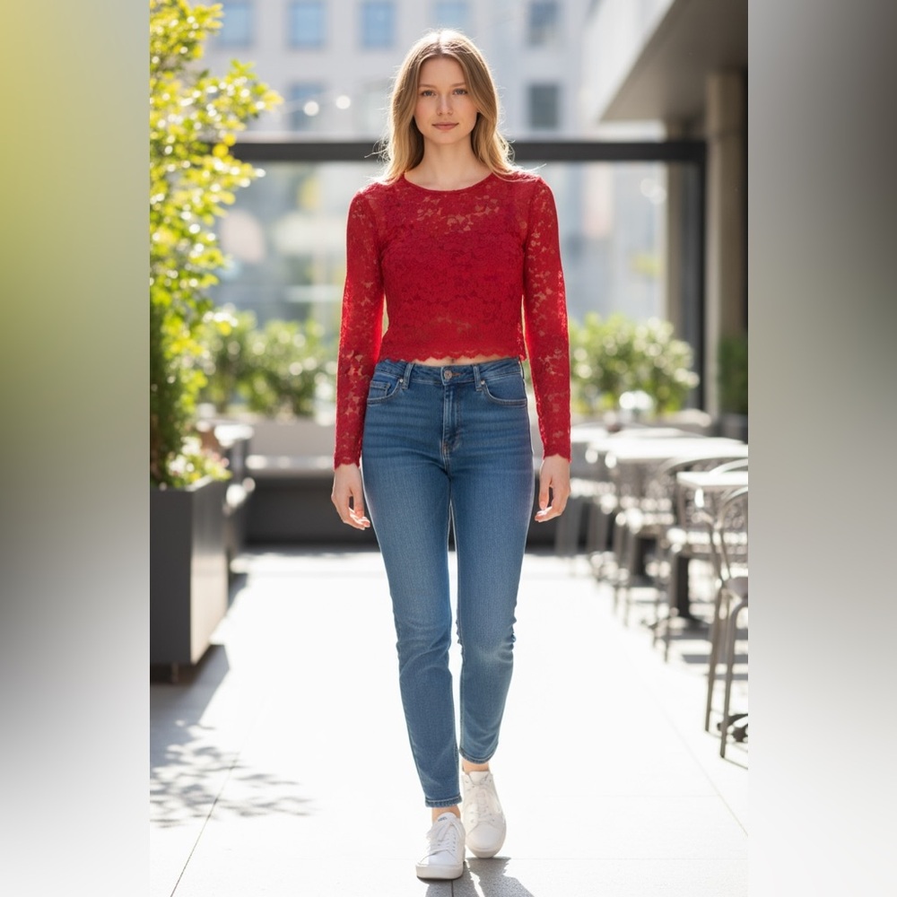 New!! Express Elegant Red Lace Long Sleeve Top